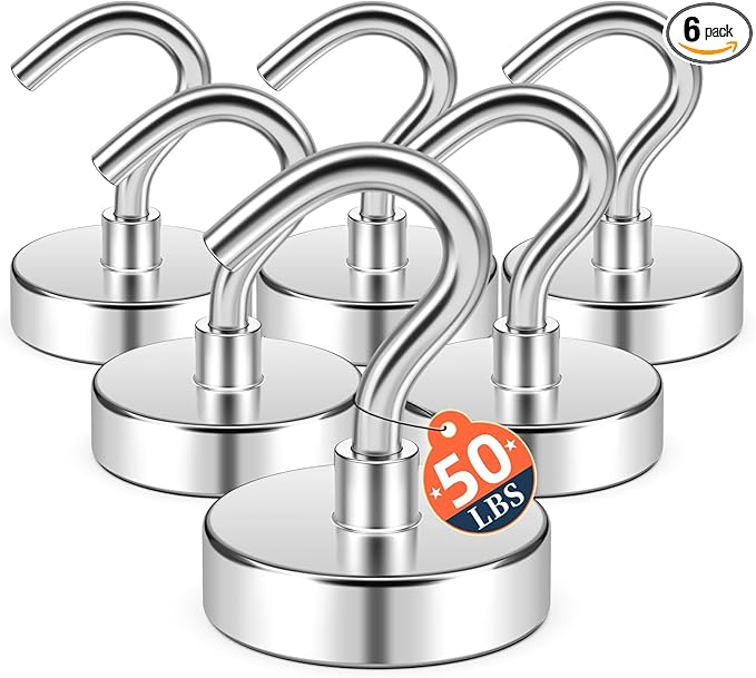 FINDMAG Magnetic Hooks, 50lbs Strong Magnetic Hooks for Hanging, Neodymium Heavy Duty Magnet Hooks, N52 Rare Earth Magnet Hooks for 2026 Cruise Cabin Ship Essentials, RV, Fridge, (6 Pack, Silver)