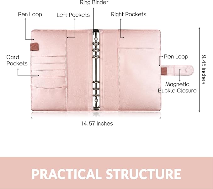 Sooez A5 Notebook Photocard Binder, 6 Ring Planner with Stylish Design, Loose Leaf Personal Organizer Cover with Magnetic Buckle, PU Leather Binder with Soft Colors (Rose Gold)