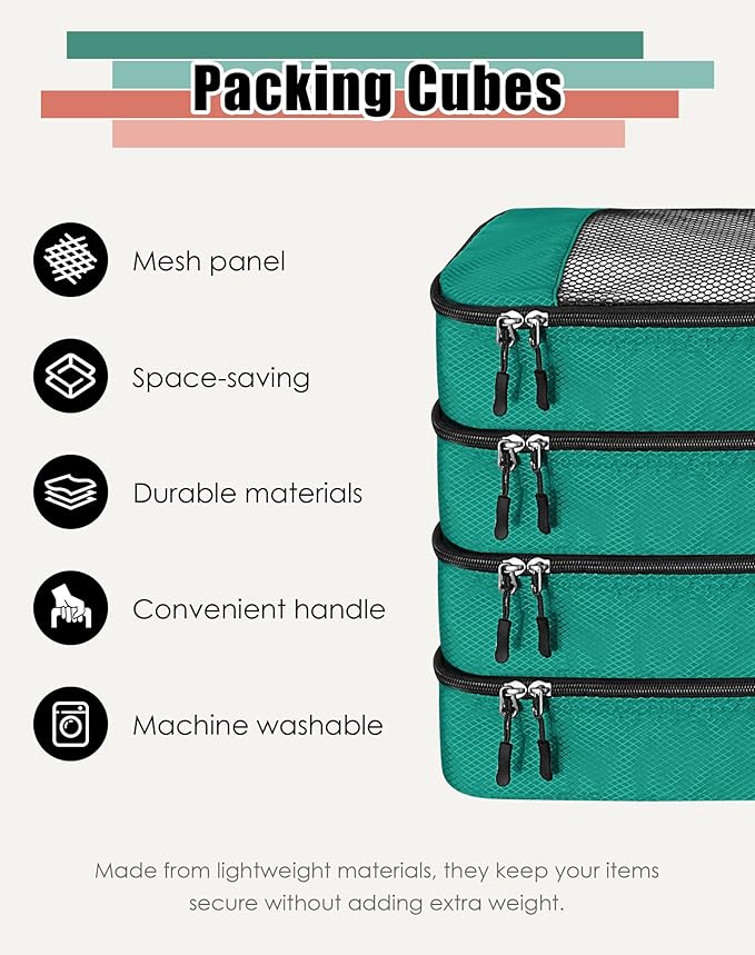 4-Piece Packing Cubes Travel Accessories Set for Suitcases - Luggage Organizer Bags with Double Zipper - Mesh Top - Medium - Green