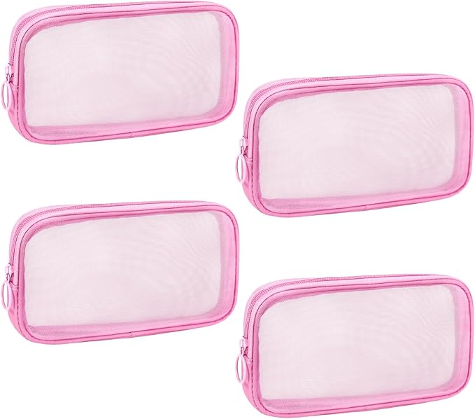 4 Pieces Mini Zipper Nylon Mesh Pouch, Mesh Cosmetic Bags Makeup Bags, Multipurpose Travel Toiletry Bags for Office Supplies and Travel Accessories (Pink, M)