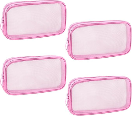 4 Pieces Mini Zipper Nylon Mesh Pouch, Mesh Cosmetic Bags Makeup Bags, Multipurpose Travel Toiletry Bags for Office Supplies and Travel Accessories (Pink, M)