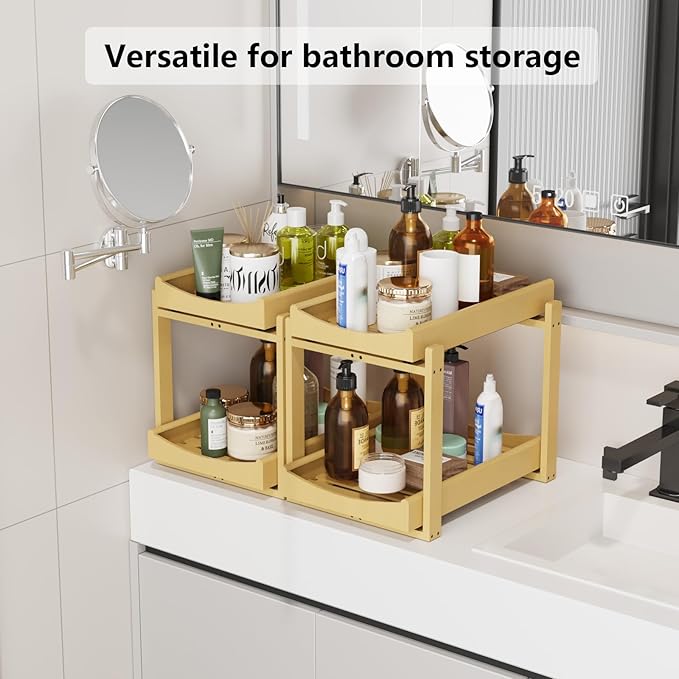 Wisuce Essentials Bamboo Under Sink Organizer Adjustable Height 2 Tier Bathroom Organizer Pull Out Cabinet Storage Kitchen Heavy Duty Wood Slide Out Shelf for Kitchen Bathroom (Nature, 2 Packs)