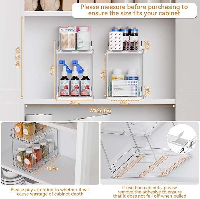 Yieach 4 Set Clear Pull Out Bathroom Organizers and Storage, 2 Tier Under Sink Organizer and Medicine Cabinet Organizer, Small Slide Out Drawers for Pantry, Under Cabinet, Kitchen Storage and Organization