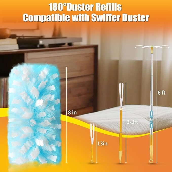 40 Count Duster Refills with 1 Short Handle & 3 ft Extendable Handle, Compatible with Swiffer Duster, 180° Disposable Microfiber Cleaning Dusters, Unscented