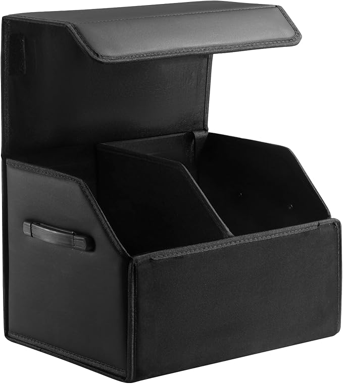Fyzeoty Car Organizers for Trunk for SUV Sedan, Leather Storage Box, Magnetic Lid, Collapsible and Adjustable, 16.5 inches