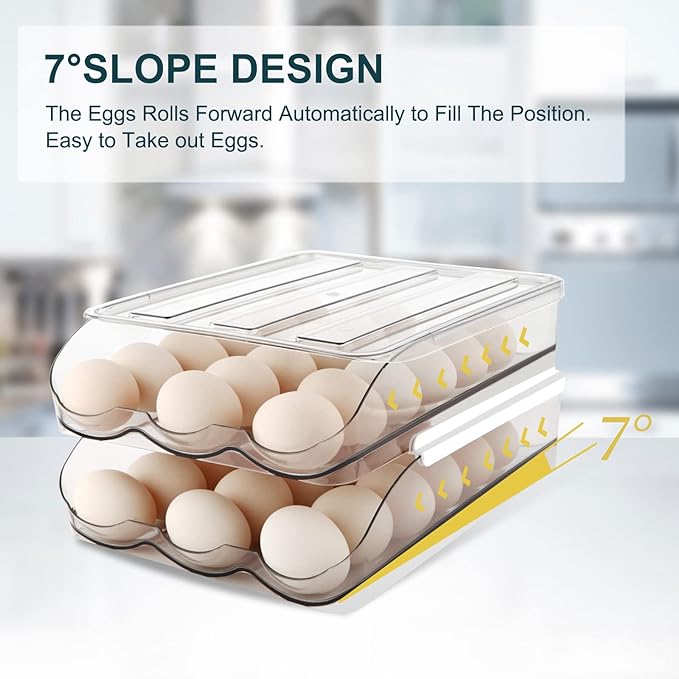 Egg Holder for Fridge, Automatically Rolling Egg Storage Container for Refrigerator, Egg Organizer for Fridge with Lid, Clear Plastic Dispenser, Tray & Box - 3 Layer