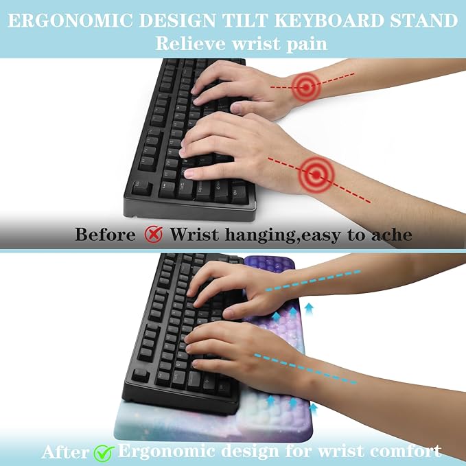 Ergonomic Keyboard Stand with Wrist Rest, Computer Wrist Support Pad, Tilted Keyboard Riser Holder Lift Tray with Wrist Pad, Easy Typing, Comfy Soft Memory Foam Desk Cushion for Office Home