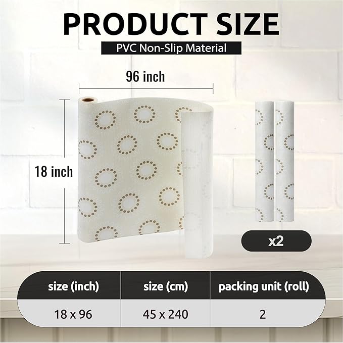 FIFTY FEET 18X96 Inch Shelf Liner for Kitchen Cabinets, PVC Drawer Liner for Dresser Non-Slip Bathroom, Non-Adhesive Cabinet Liner Washable (Beige Circle)(2 Roll)