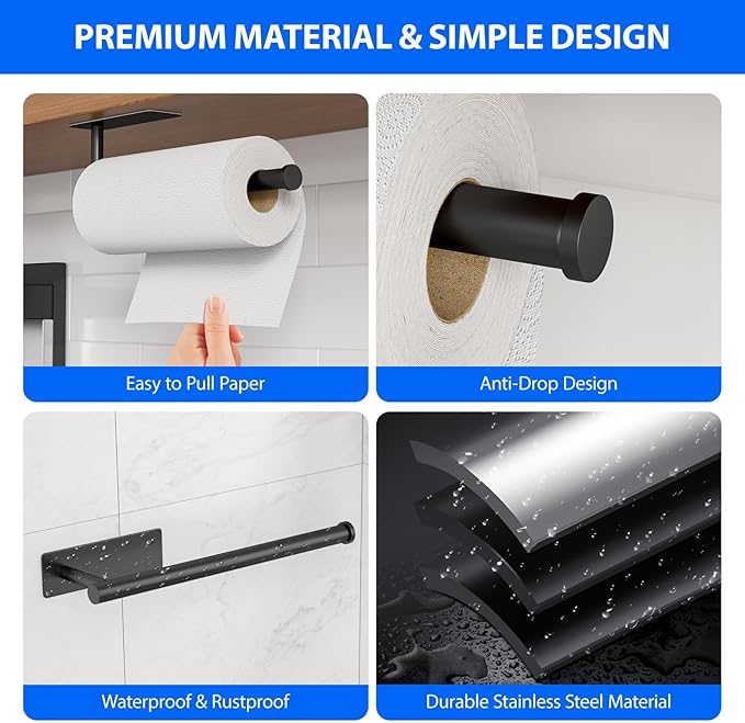 Paper Towel Holder Under Cabinet, Self-Adhesive,No Drilling, Stainless Steel, Wall-Mounted for Kitchen and Bathroom, Easy Install, Durable, Space-Saving, Ideal for Home, RV (Black, 1 Pack)