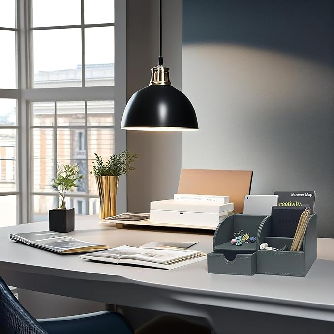 UnionBasic Desk Organizer - Multifunctional Leather Desktop Pen Holder Storage Box - Business Card/Pen/Pencil/Mobile Phone/Stationery Holder, Dark Ivy