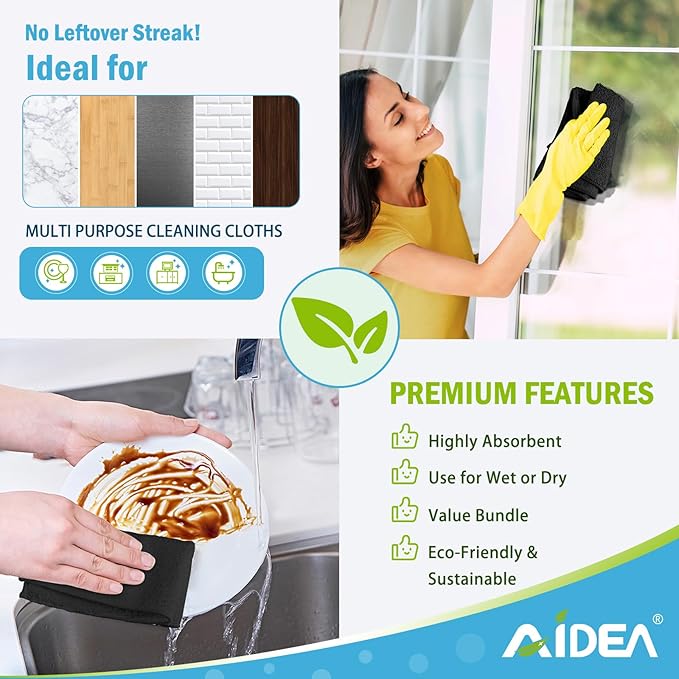 AIDEA 극세사 청소용 천 블랙 8개 팩, 자동차용 극세사 타월, 프리미엄 자동차 천, SUV, 가정, 주방, 창문, 작업실용 보푸라기 없는 청소용 걸레, 11.5×11.5인치