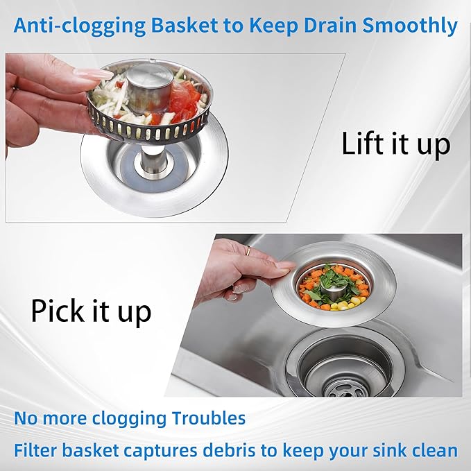 3-in-1 Kitchen Sink Drain Strainer, Pop-up Sink Stopper Kitchen Drain, Anti-Clogging Strainer Basket Odor Prevention Plug Stopper for US Standard 3-1/2” Drain (Silver-2pcs)