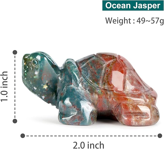 2" Ocean Jasper Turtle Figurine Healing Crystal Collectible Statue Hand Carved Mini Gemstone Animal Sculpture Tortoise Decor for Home, Office
