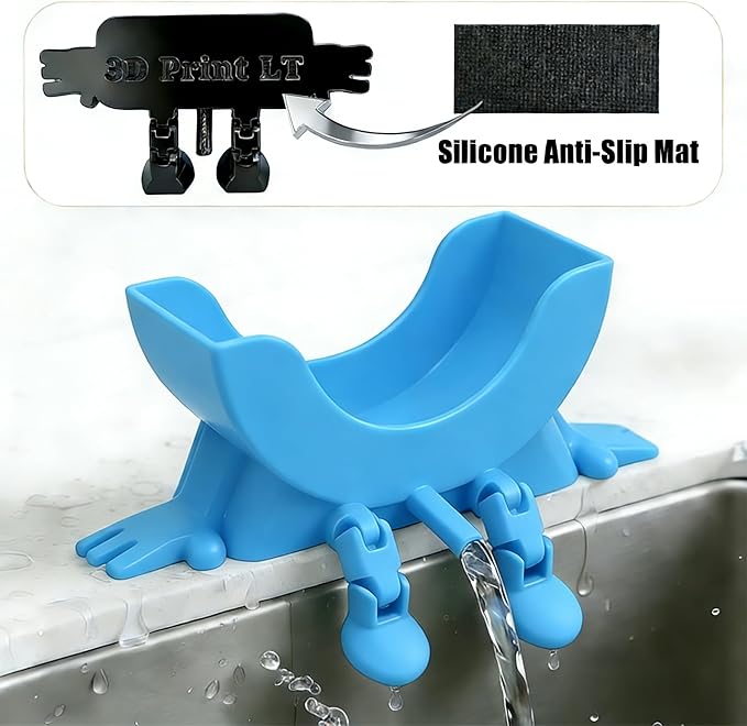 Cute Hanging Sponge Holder with Drainage, 3D Printed Kitchen Funny Sponge Stand for Sink, with Non-Slip Pads, Suitable for Scrub Daddy Holder, Keeps Your Sponge Dry and Smiling (Blue)