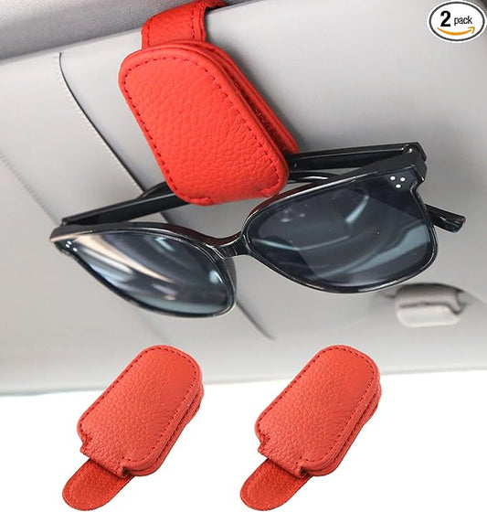 Shering Sunglasses Holders for Car Sun Visor, 2pack Red Magnetic Leather Glasses Eyeglass Hanger Clip for Car, Visor Sunglasses Holder Clip Car Accessories for Truck