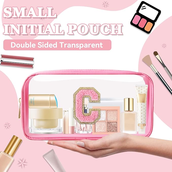 Small Clear Personalized Initial Makeup Bag,Nylon Preppy A-Z Chenille Letter Patch Cosmetic Pouch Beach Toiletry Bag,Waterproof Zipper Travel Purse Storage Bag Organizer for Women Girls(Pink-Pink C)