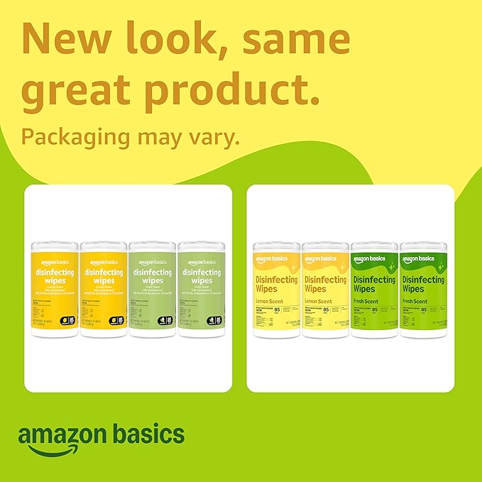 Amazon Basics Disinfecting Wipes, Lemon & Fresh Scent, Sanitizes, Cleans, Disinfects, Deodorizes, 340 Count (4 Packs of 85), Packaging May Vary