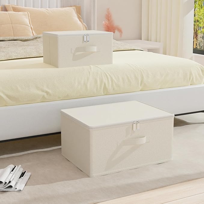Storage Bins with Zipper, Cube Organizer Basket with Lid, Collapsible Stackable Closet Boxes, for Home and Bedroom, 4 Pack, Beige, 15.7 x 11.8 x 7.9 In, XSNY16BEL-4