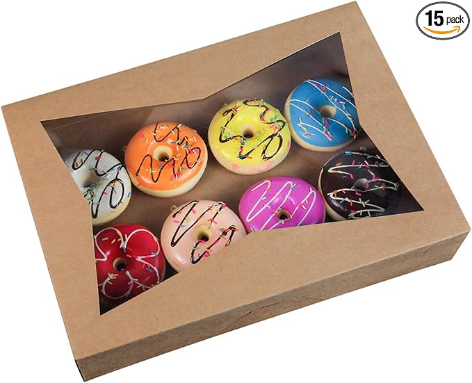 ONE MORE [15-Pack] 14 x10 x 3inch Brown Paperboard Lock Corner Window Bakery Cookie Boxes, Large Container with PVC Windows for Pie and Cookie Box