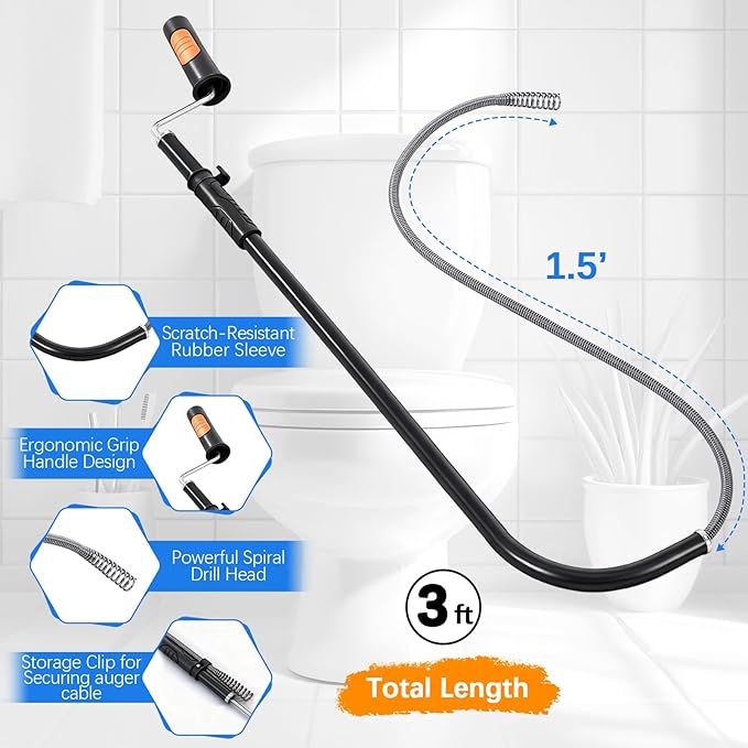 Dreyoo 2 Set 3FT Toilet Auger Heavy Duty Manual Toilet Snake Drain Clog Remover, Rust Proof Pipe Drain Snake with Scratch Free Sleeve for Unclogging Bathroom, Sinks, Kitchen, Sewers, with Gloves