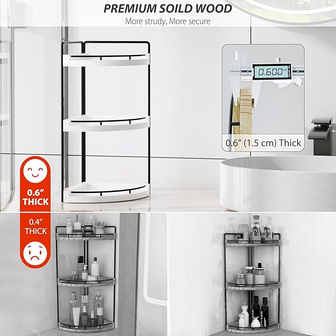 Corner Bathroom Counter Organizer, 3 Tier Bathroom Sink Shelf Countertop, Wood Vanity Skincare Storage for Toiletries Decor, Makeup, Dresser (White)