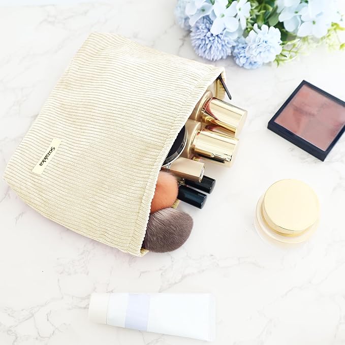 ZLFSQR Corduroy Makeup Bag for Women Small Corduroy Cosmetic Bag Large Cute Travel Makeup Pouch for Purse White Cloth Cosmetic Pouch Zipper Storage Organizer Canvas Toiletry Bags