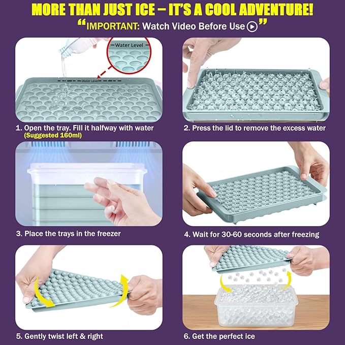 0.55in Mini Ice Cube Trays - Tiny Pebble Ice for Iced Coffee & Cocktails - Fast Chill, Easy Twist Release - Stackable with Lid, Storage Bin, Tongs, 2 Straws (4 pack, Blue)