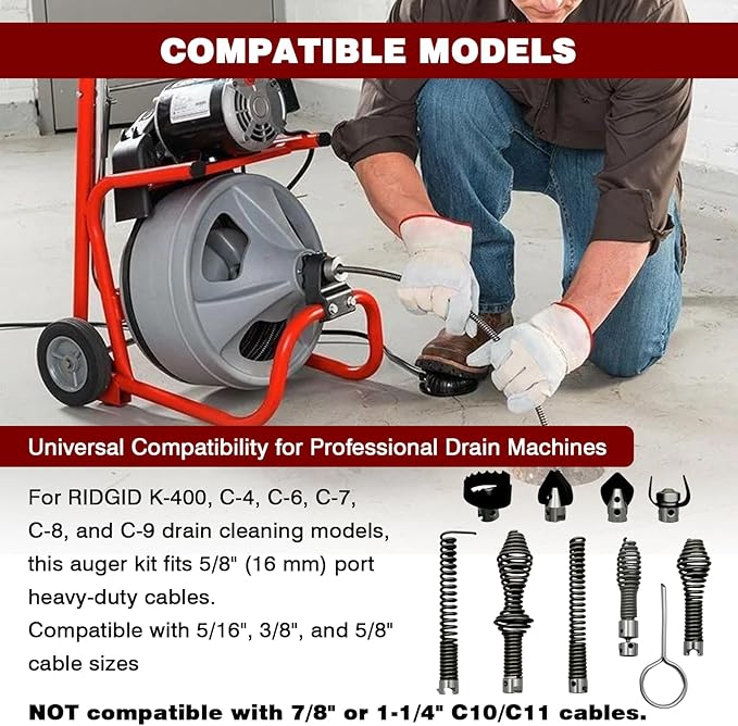 10 Pcs Drain Snake Drill Attachment Set - Drain Auger Cutter Kit Compatible with RIDGID K-400, C-4, C-6, C-7, C-8 & C-9 Drain Machines - Fits 5/8" Cable Heads, Heavy-Duty Drain Cleaning Tips