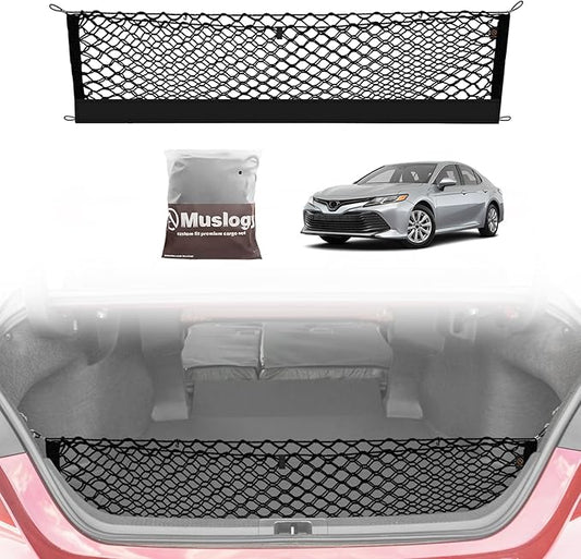 Muslogy Envelope Style Trunk Cargo Net Compatible with 2018-2024 2025 Toyota Camry Accessories Custom Fit Trunk Organizer Upgraded Mesh Storage Luggage Net