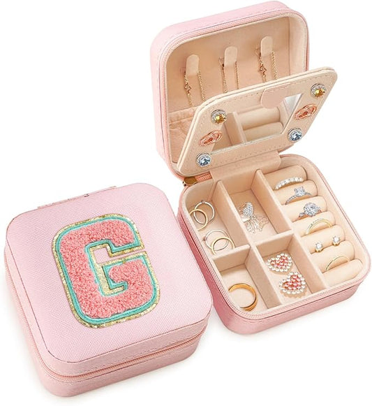 SANDJEST Personalized Jewelry Box, Pink Travel Jewelry Box with Initial G, Small Monogrammed Jewelry Case Organizer for Girls Women Teen Kids, Mini Travel Essentials Gifts for Birthday Christmas