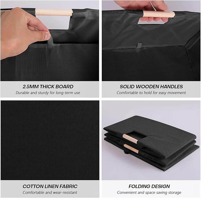 Fabric Storage Bin Box Foldable Cotton Linen Storage Basket with Wooden Handles Rectangular Cube Decorative Home Laundry Organizer Clothes Blanket Container – Black, Large
