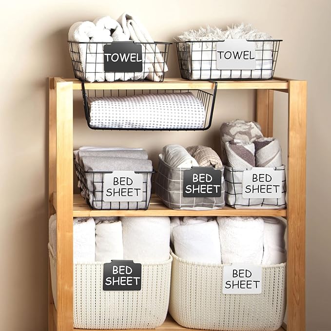 32 Pieces Basket Labels Clip Set, Include 30 Kitchen Clip Label Holder Removable PVC Bin with 2 Chalk Marker for Basket Pantry Organization Box (White and Black Label Clip, White and Black Pen)
