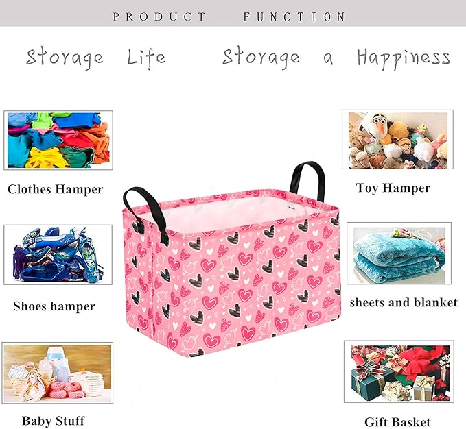 KUNRO Rectang Heart Valentine's Storage Basket Gift Shelf Basket Storage Bin, Nursery Basket Organizer Box for With Handles for Room Deco