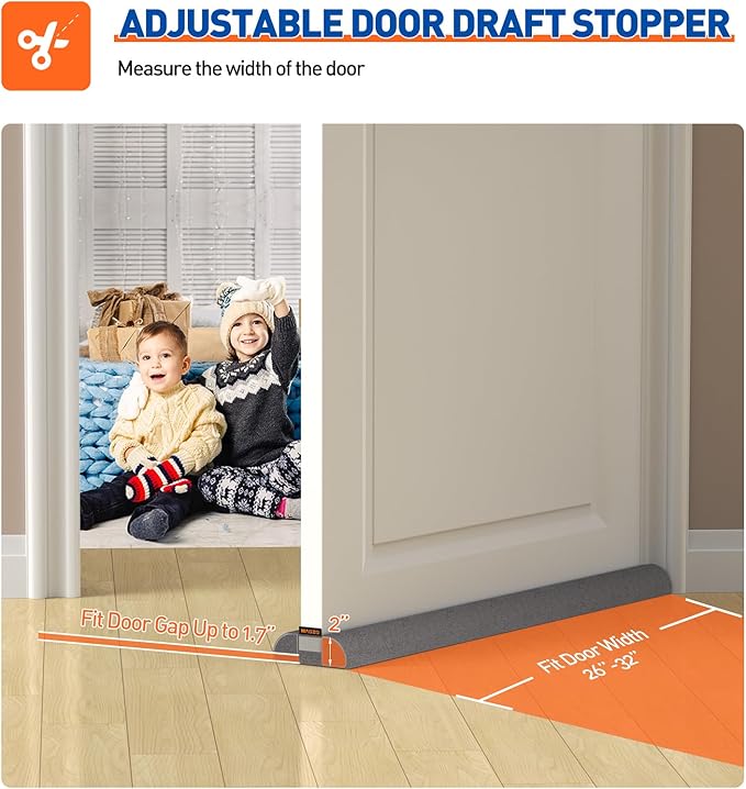 MAGZO Door Draft Stopper, 32 Inch Adjustable Under Door Gap Filler, Fits 26'' - 32'' Bottom Widths, Seals Gaps up to 1.7", Soundproof Sweep Blocks Air, Noise, Light, Dust- Grey