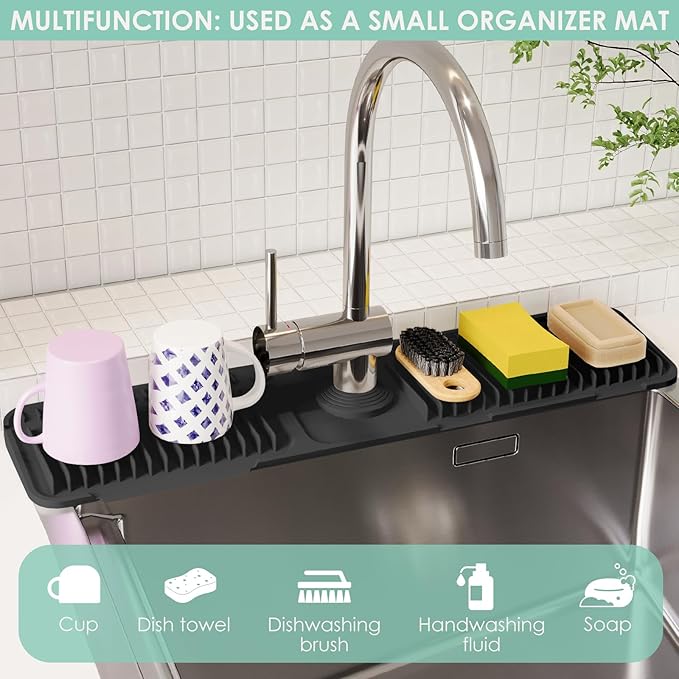 24 Inch Silicone Faucet Mat for Kitchen Sink Splash Guard - 7° Slope Water Draining Mat With Fasten Button for Bathroom Area (Black, 24''x5.5'')