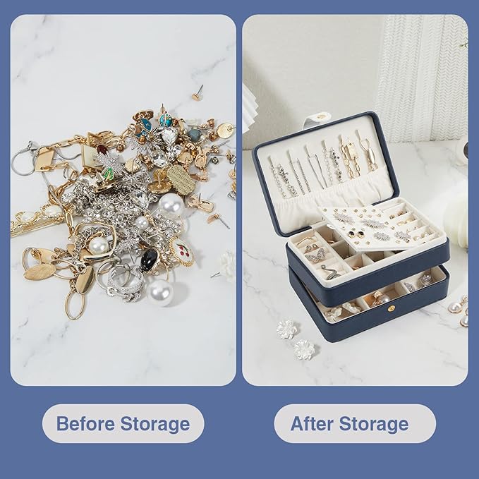 PU Leather Travel Jewelry Organizer Case for Women & Girls, 2-Layer Portable Jewelry Box for Earrings, Rings, Necklaces, Bracelets, Compact Jewelry Storage (Blue, Small)