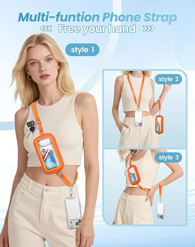 SHANSHUI Clip and Go Phone Lanyard Wallet, Hands-Free Crossbody Strap with Zipper Pocket & ID Window, Includes 2 Metal Tether Pads for Phones, Keys, Earphones, Accessories Orange