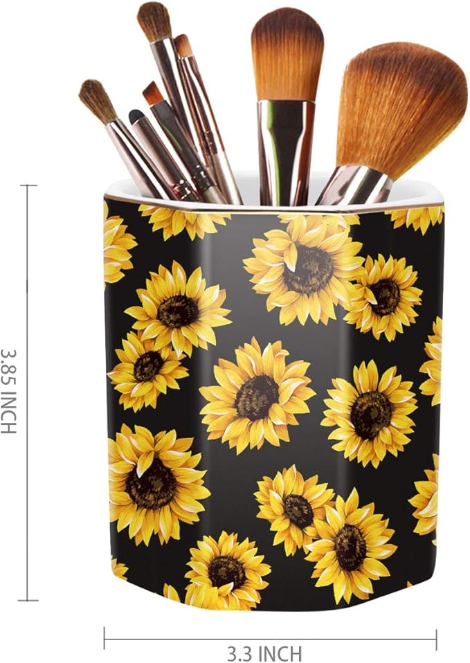 WAVEYU Pen Holder, Pencil Holder for Desk Floral Pattern Pencil Cup for Girls Kids Durable Ceramic Desk Organizer Makeup Brush Holder for Office, Classroom, Home, Sunflower