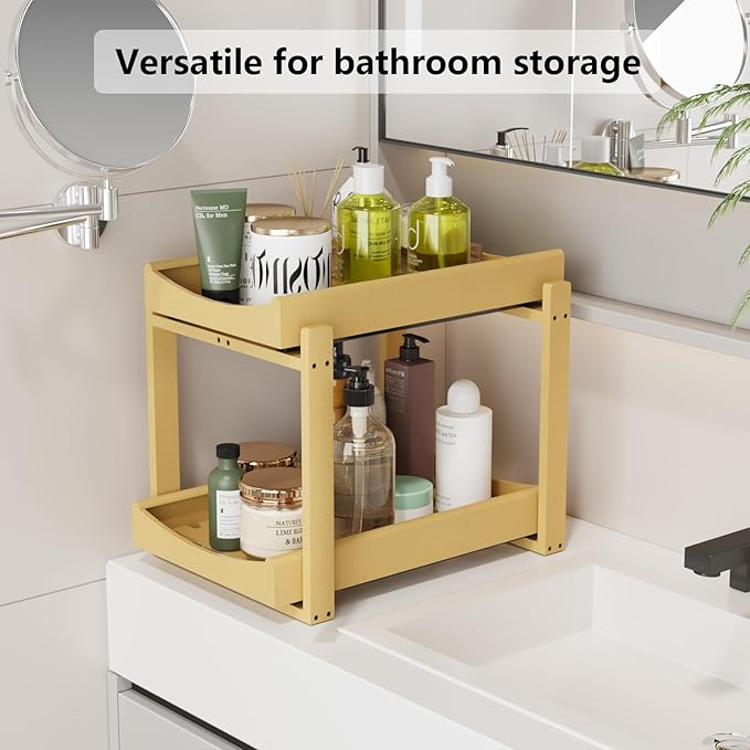 Wisuce Essentials Bamboo Under Sink Organizer, Adjustable Height, 2-Tier Bathroom Organizer, Pull-Out Cabinet Storage, Heavy-Duty Wood Slide-Out Shelf for Kitchen Bathroom (Nature, 1 Pack)
