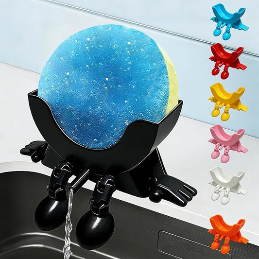 Cute Hanging Sponge Holder with Drainage, 3D Printed Kitchen Funny Sponge Stand for Sink, with Non-Slip Pads, Suitable for Scrub Daddy Holder, Keeps Your Sponge Dry Smiling (Black)