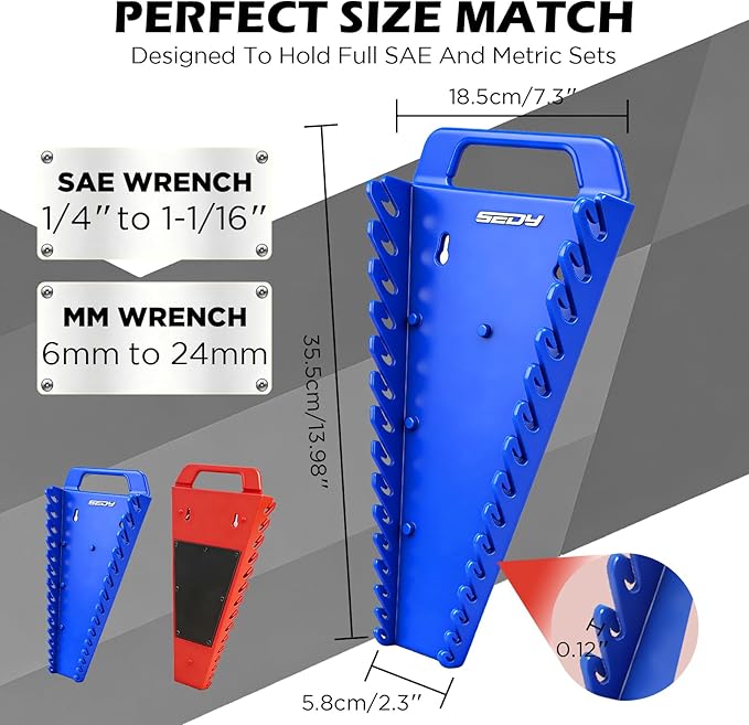 2-Pack Magnetic Wrench Organizer with Non-Slip Handle, 24-Slot Heavy-Duty Wrench Rack Holders for Toolbox & Drawer Storage, Fits SAE 1/4"-1-1/16" and Metric 6mm-24mm Wrenches