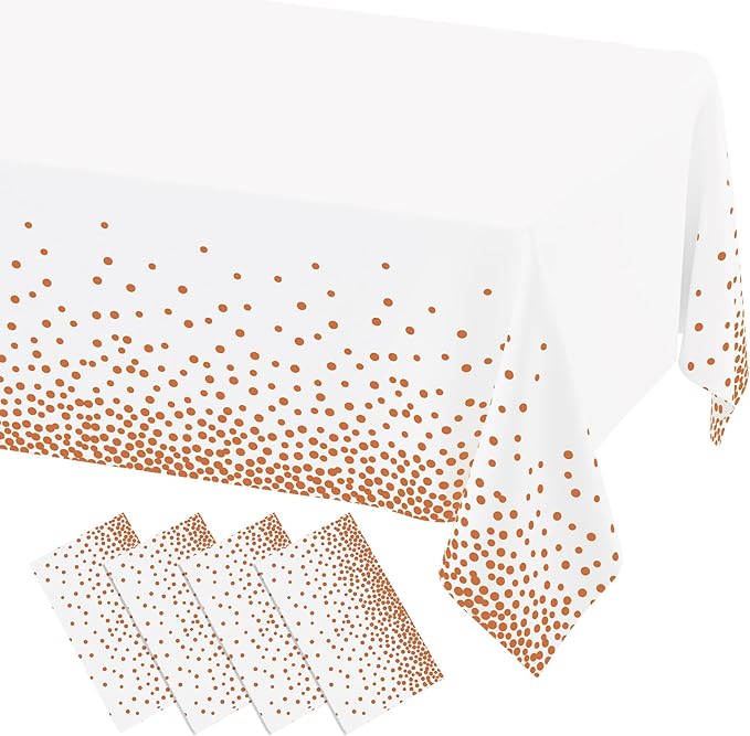 misaya 4 Packs Dot Disposable Table Cloth, 54 x 108 Inch Waterproof Plastic Tablecloth, Rectangle Rose Gold Dots in White Table Covers for Picnic, Birthday, Party