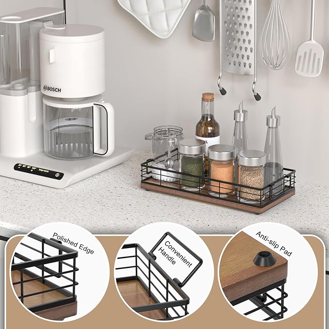 Acacia Toilet Paper Basket, 13 Inch Tank Tray Top of Toiletries Storage Organizer for Bathroom, Living Room and Kitchen (Acacia & Black)