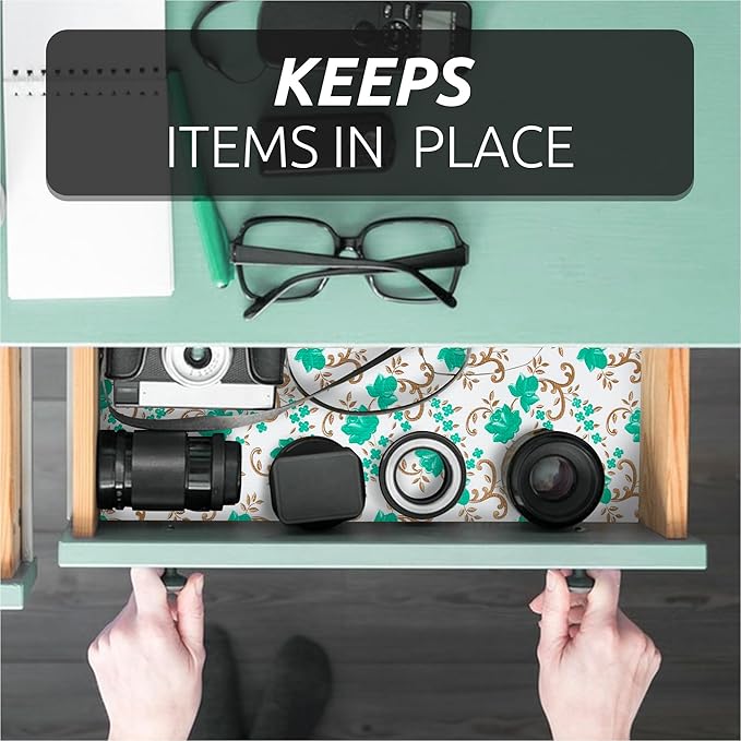 18X96 Inch Shelf Liner for Kitchen Cabinets, PVC Drawer Liner for Dresser Non-Slip Bathroom, Non-Adhesive Cabinet Liner Washable (Green Floral)(4 Roll)