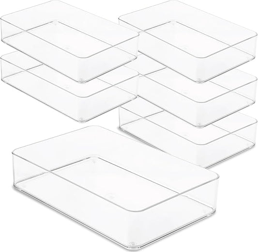 primebox Plastic Clear Drawer Organizers. Bathroom. Kitchen, Bedroom, Utensils, Office Organizer Bins, Storage Trays. Stackable. 9" x 6" x 2" Set of 6