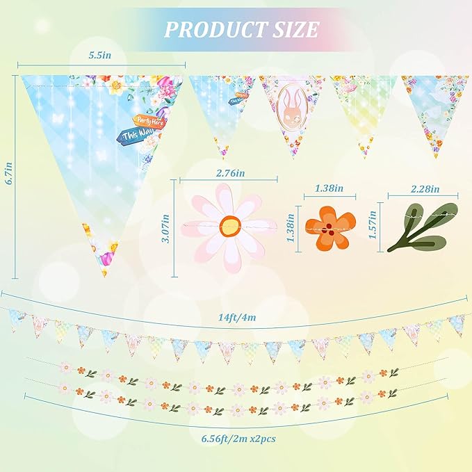 Dayker 3PCS Triangle Bunting Banner Garland, Spring Floral Flags Pennant Garlands, Reusable Paper Hanging Decorations, Carnival Theme Birthday Party Outdoor Events Decor Supplies