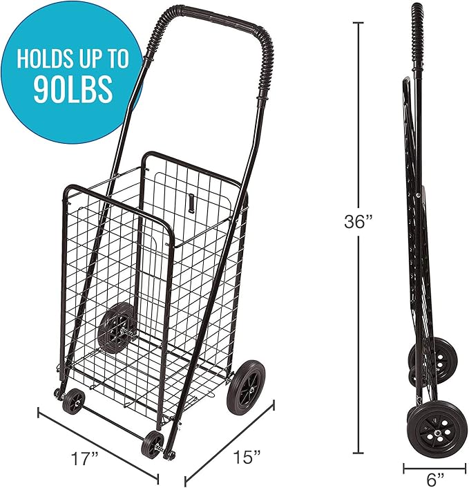 DMI Utility Cart with Wheels to be used for Shopping, Grocery, Laundry and Stair Climber Cart, Weighs 7.5 Pounds but holds up to 90 Pounds, Compact and Foldable, Black
