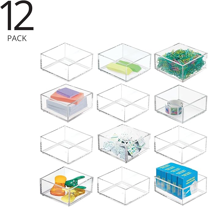 mDesign Plastic Square Desk Organizer - Create Section for Home Office Drawers, Desktop - Holds Pens, Paper Clips, Notebooks and Other Office Supply Accessory - Lumiere Collection - 12 Pack, Clear