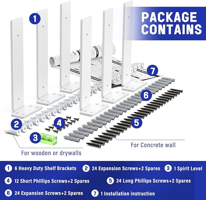 Goovilla Shelf Bracket, Heavy Duty Floating Shelf Brackets 12 inch Long, 6 Pack Brackets for Shelves, White Coated Metal Wall Shelf Support Brackets with 1/5 Inch Thick and 160 lb. Load Capacity