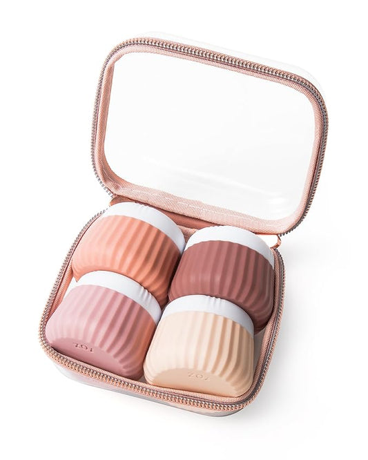 Travel Containers for Toiletries 4 Pack, Clear Hard Zipper Case, TSA Approved Travel Size Toiletries, With Clear Bag Leak Proof Silicone Jars, Creams Jars Carrying Small Items